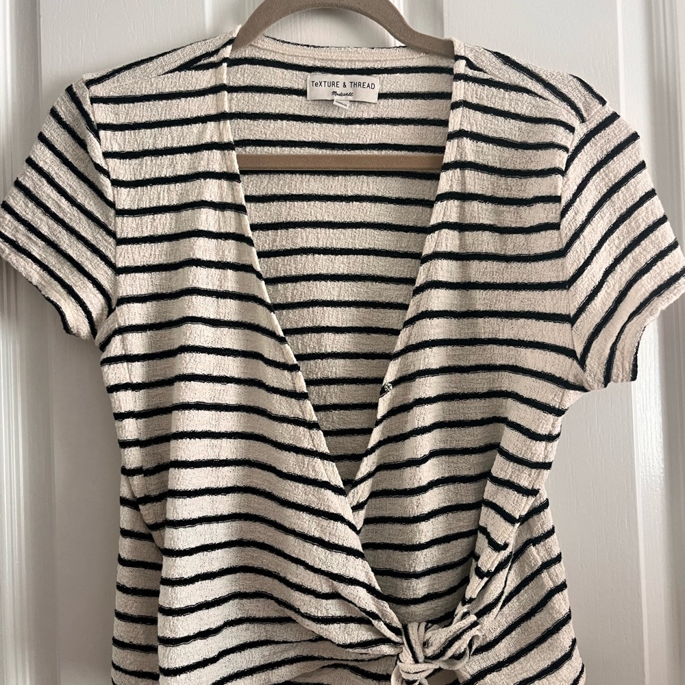 Striped Black and White Tie-Front Top madewell textured